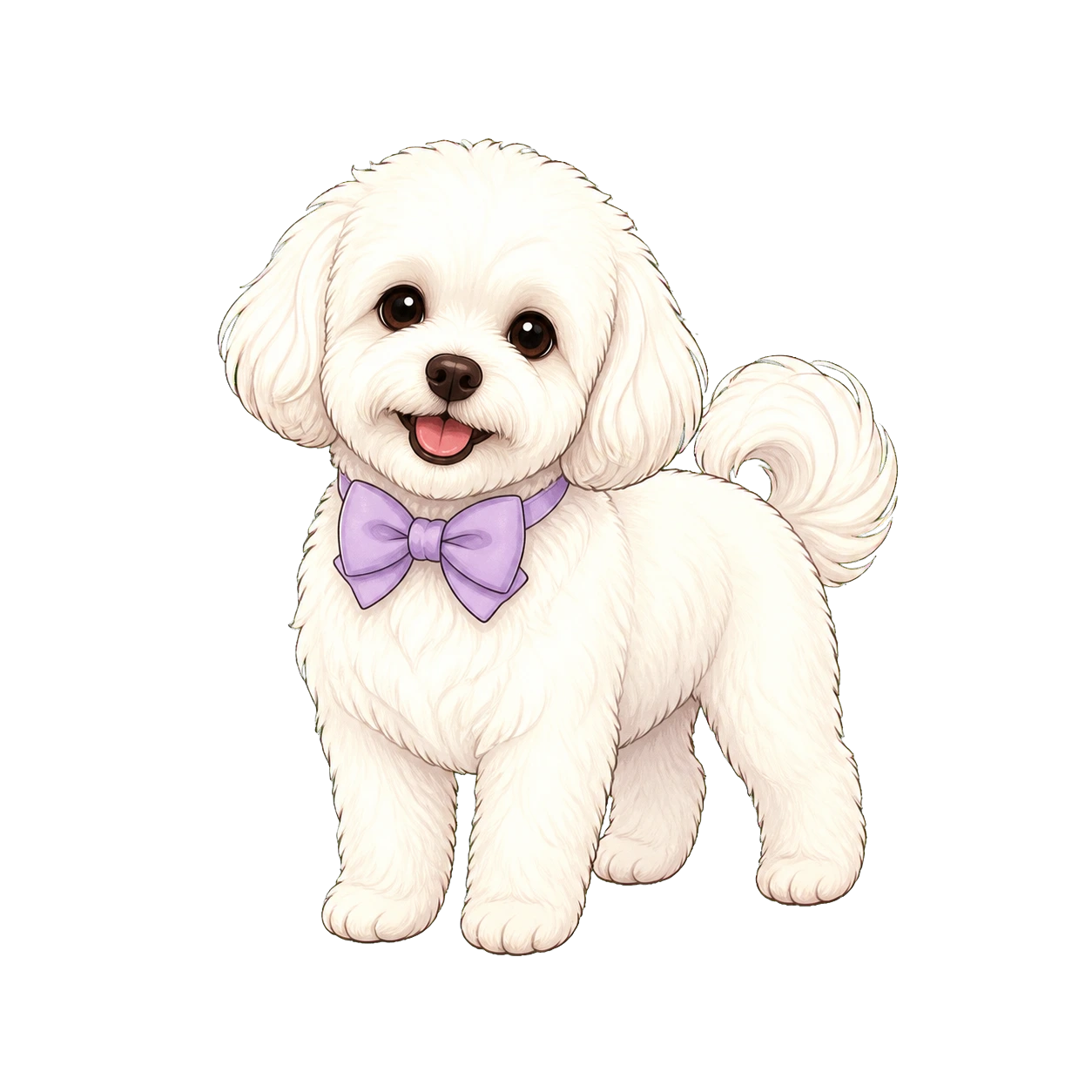 Illustration of a white dog wearing a lavender bow