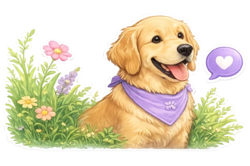 Illustration of a happy golden dog wearing a purple bandana